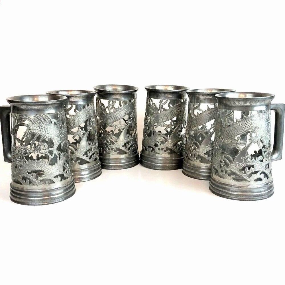 Antique Chinese Pewter & Glass Tankards 6 Set Steins Signed Huikee Swatow